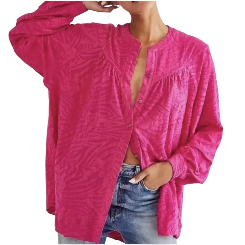 Free People Can’t Stop Dreaming Pink Textured Button Front Tunic Blouse Size XS